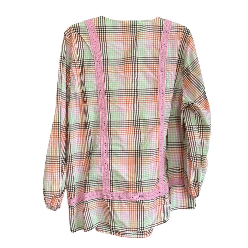 Lands End 1X‎ Plaid Tunic Top Long Sleeve Pink Lace Trim Button Keyhole Prairie - Picture 3 of 8